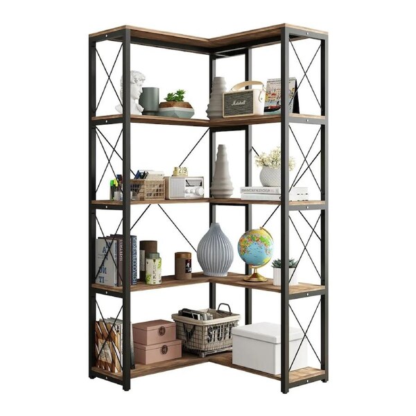 Bookshelf Display Corner Shelf 4 Tier CD DVD Photo Storage Media Rack Plant Ornament Holder Metal Shelving Black