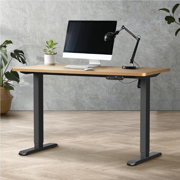 Oikiture 120CM Electric Standing Desk Single Motor Height Adjustable Sit Stand Table Black Frame OAK Tabletop