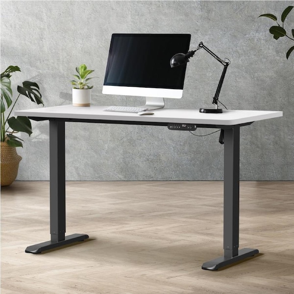 Oikiture 120CM Electric Standing Desk Single Motor Height Adjustable Sit Stand Table Black Frame White Tabletop
