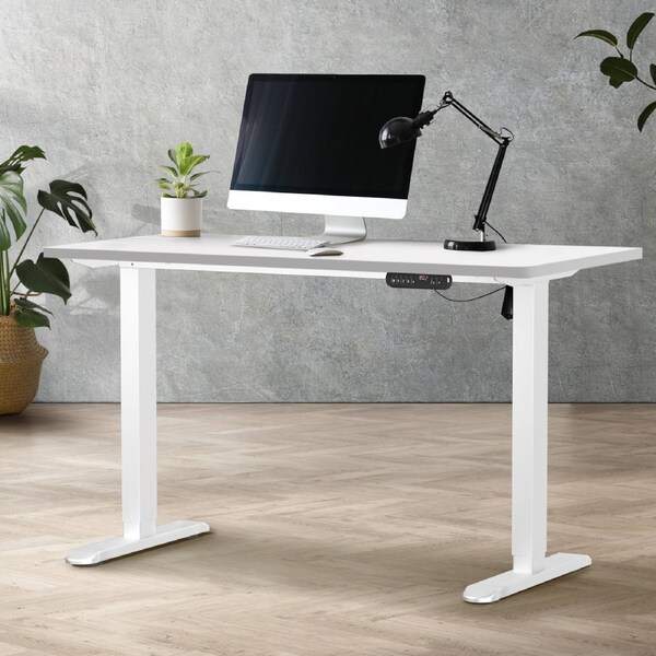 Oikiture 120CM Electric Standing Desk Single Motor Height Adjustable Sit Stand Table White Frame White Tabletop