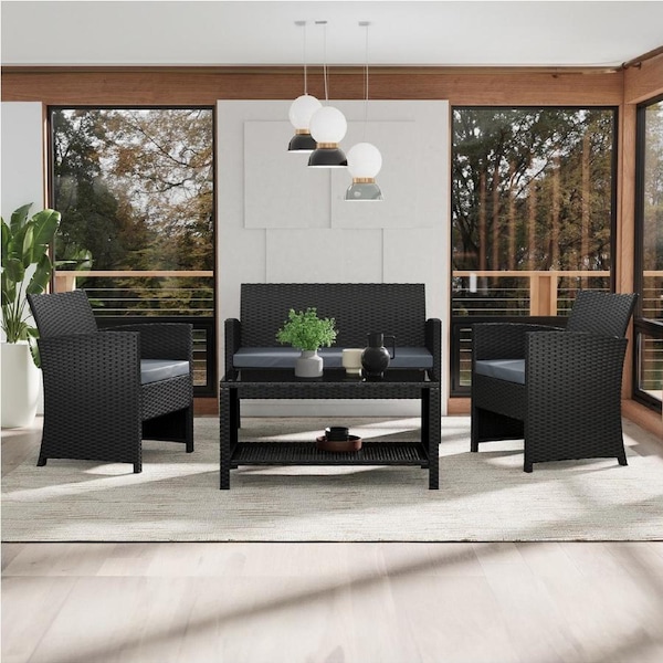 ALFORDSON Outdoor Furniture 4PCS Patio Chairs Table Set Wicker Black