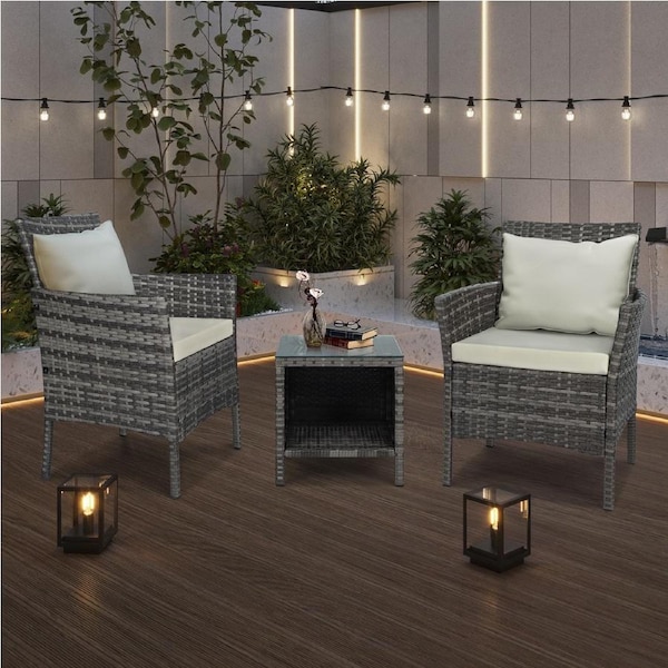 ALFORDSON Outdoor Furniture 3PCS Bistro Chairs Table Set Wicker Beige w/ Pillows