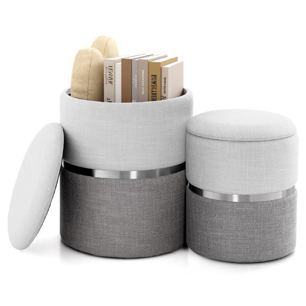 Giantex 2x Linen Fabric Storage Ottoman Round Vanity Stool w/Stainless Steel Hoop Upholstered Footrest
