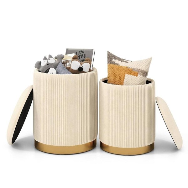 Giantex 2x Velvet Storage Ottoman Round Vanity Stool w/Stainless Steel Base Upholstered Footrest
