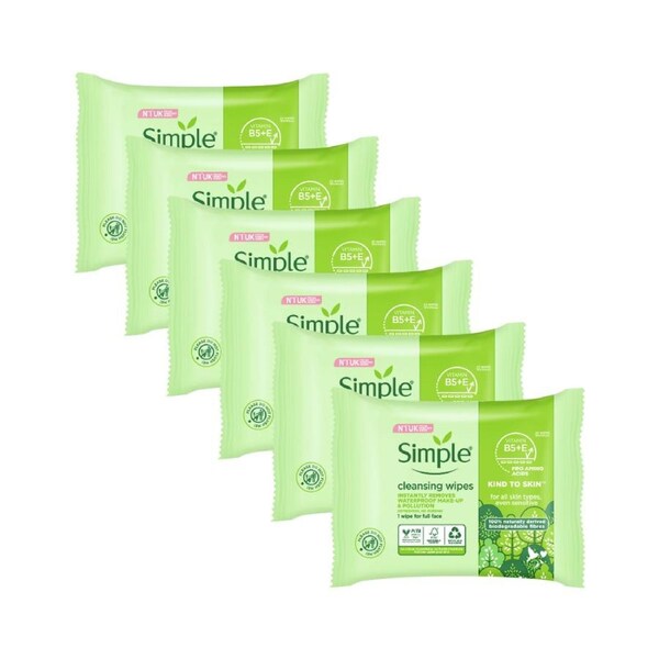 6 x Simple Cleansing Face Wipes 25Pk