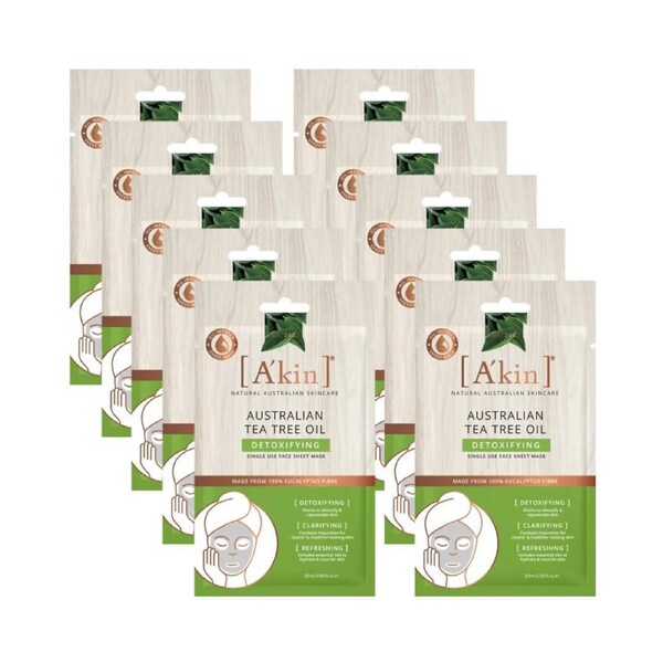 10 x A'kin Detoxifying Australian Tea Tree Oil Sheet Face Mask 20mL