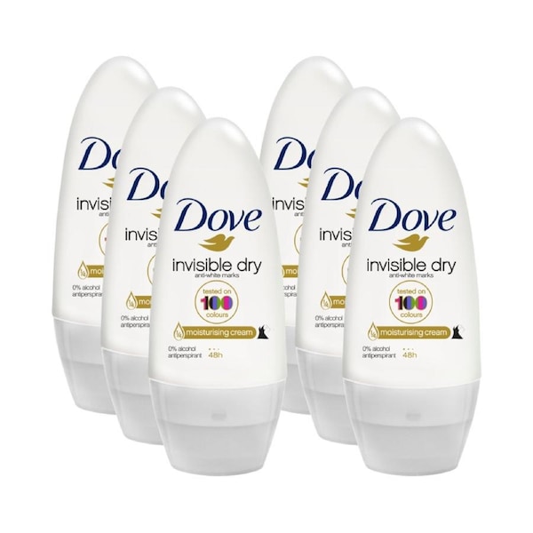 6 x Dove Invisible Dry Deodorant Roll On Anti-White Marks 50mL