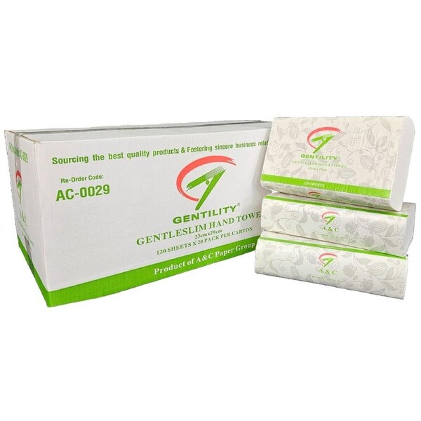 A&C Gentility Ultraslim Long Hand Paper Towels TAD 23x29.5cm 1ply 120 Sheets x 20 Packs/Carton AC-0029