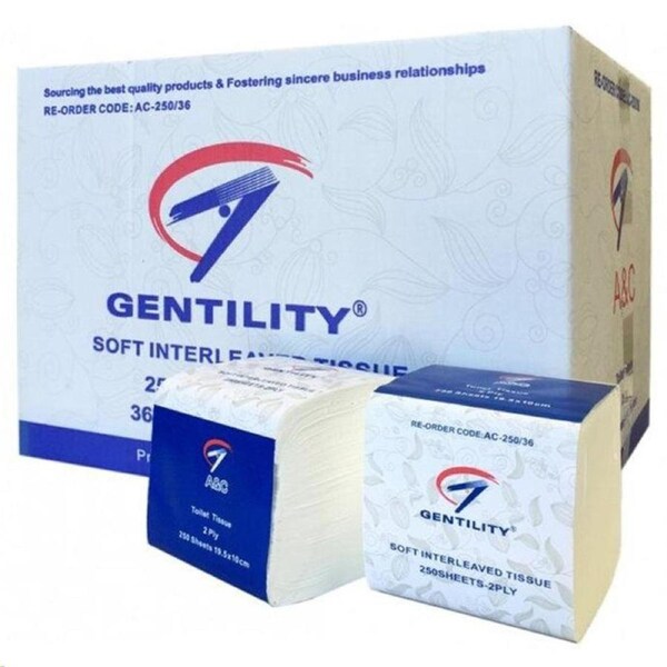 A&C Gentility Toilet Tissues Interleaved 19.5x10cm 2ply 250 Sheets x 36 Packs/Carton AC-250/36