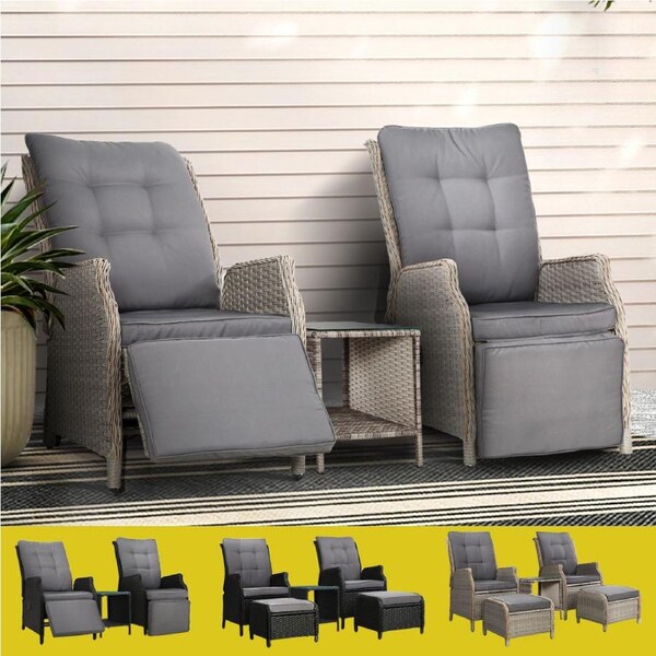 Gardeon Outdoor Chairs Recliner Lounge Setting Wicker Patio Furniture Grey - 2x Chair + 2x Ottoman + 1x Table