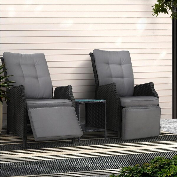 Gardeon Outdoor Chairs Recliner Lounge Setting Wicker Patio Furniture Black - 2x Chair + 1x Table
