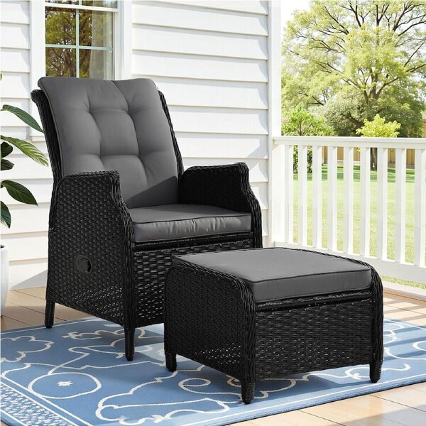Gardeon Outdoor Chairs Recliner Lounge Setting Wicker Patio Furniture Black - 1x Chair + 1x Ottoman