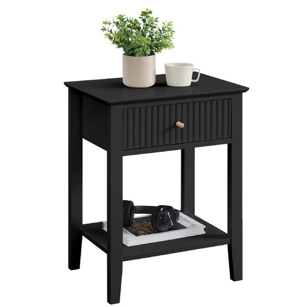Issey Modern Wooden Bedside Nightstand Side Table Fluted 1-Drawer - Black