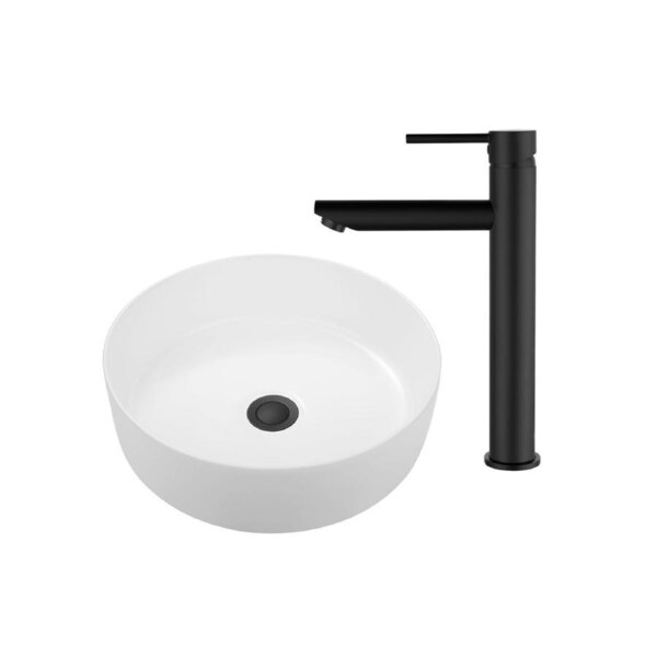ACA 350mm Bathroom Basin With Bathroom Tap Set Above Counter White Hand Wash Bowl Black