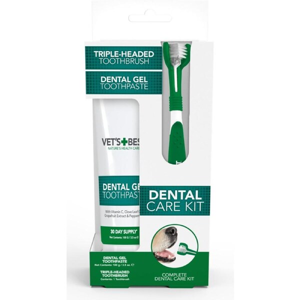 VET'S BEST Dental Care Kit For Dogs (Triple Headed Toothbrush + Gel Toothpaste)
