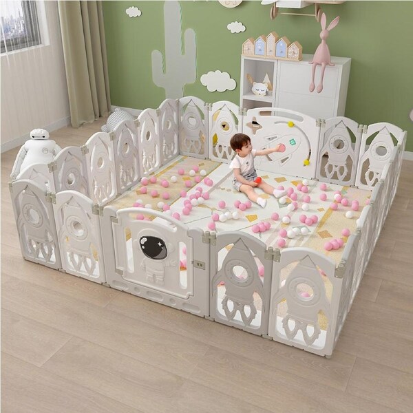 Advwin Foldable Baby PlayPen 22 Panels Kids Activity Centre Toddlers Safety Gate Indoor Outdoor Grey