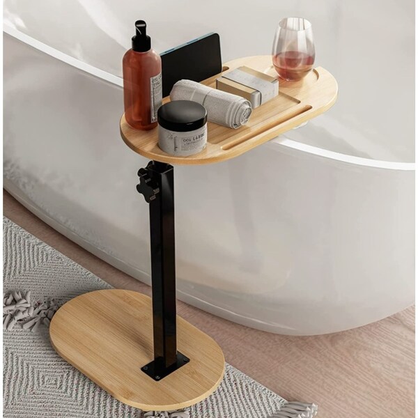 ACA Bamboo Bathtub Caddy Tray Side Table Bath Tub Adjustable Organizer Tray Round