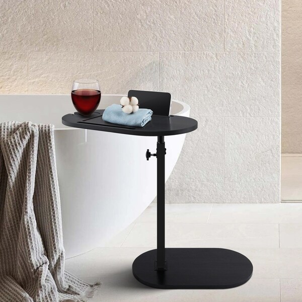 ACA Black Bamboo Bathtub Caddy Tray Side Table Bath Tub Adjustable Organizer Tray Round