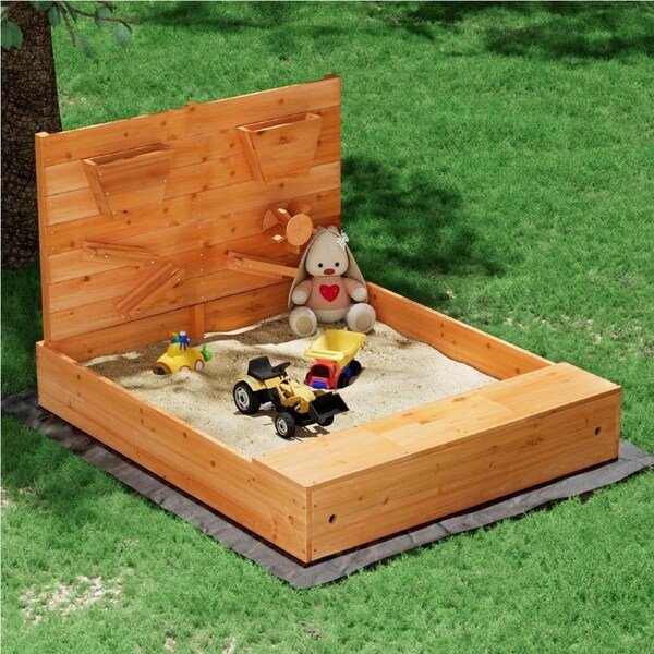 Keezi Kids Sandpit Wooden Sandbox Sand Pit with Cover Funnel Outdoor Toys 120cm