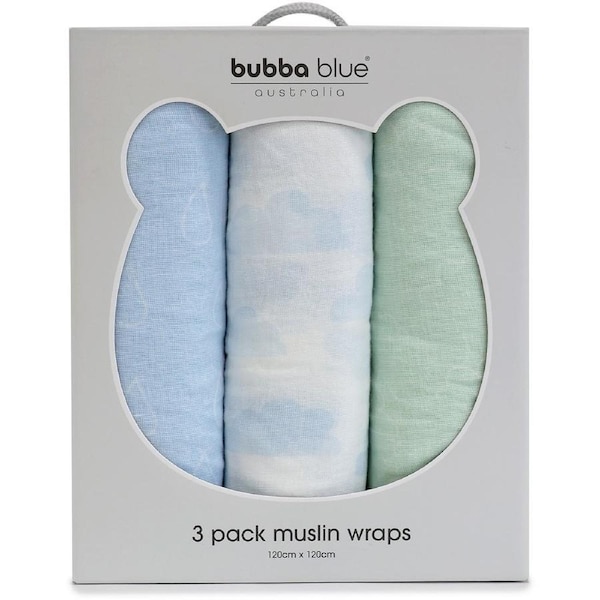 Bubba Blue Nordic Muslin Wraps 3 Pack - Sky/Avocado