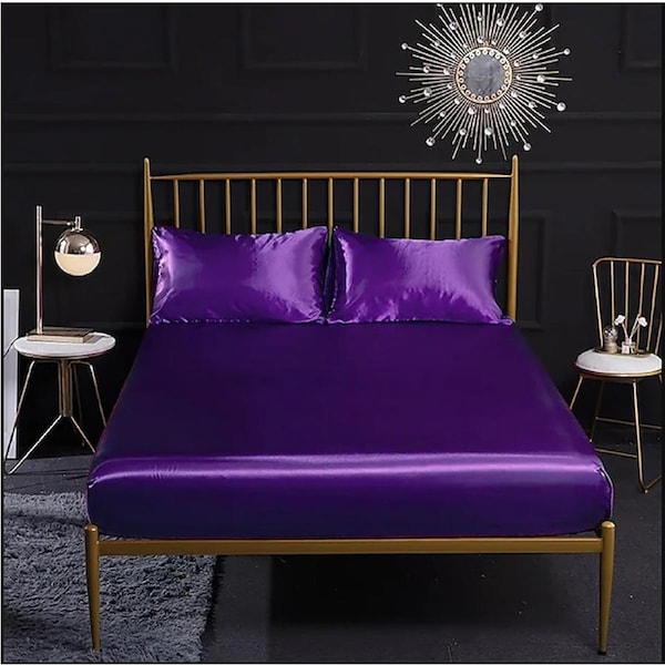 Ultra Soft Silky Satin Fitted Sheet & 2 Pillowcases Combo Set Violet / Queen