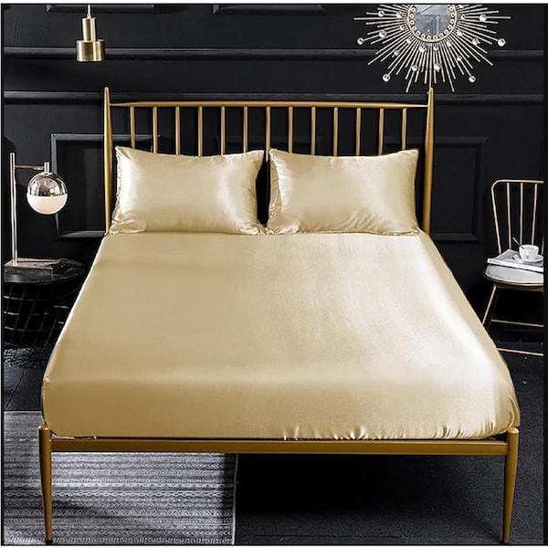 Ultra Soft Silky Satin Fitted Sheet & 2 Pillowcases Combo Set Champagne / King