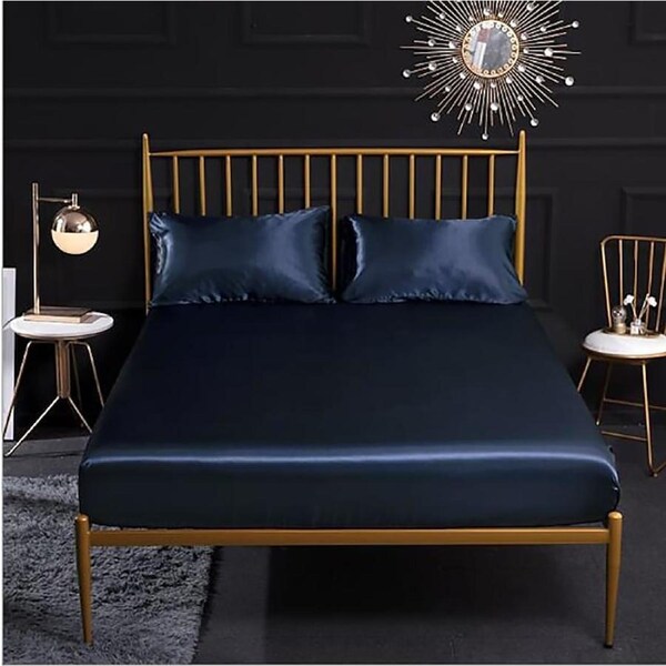 Ultra Soft Silky Satin Fitted Sheet & 2 Pillowcases Combo Set Navy Blue / King