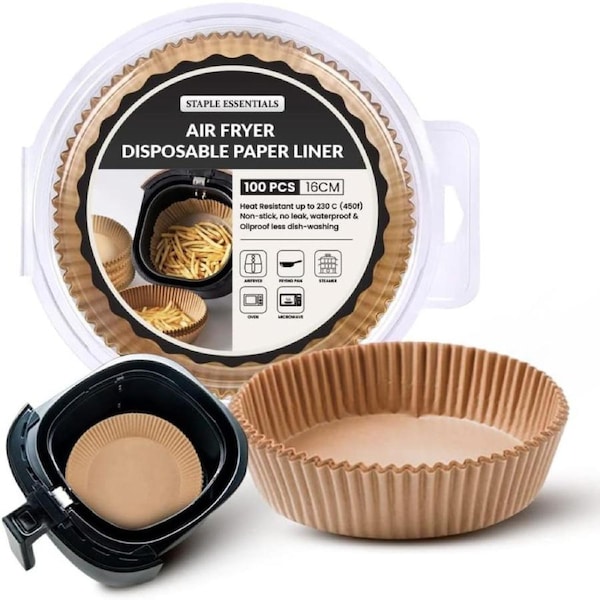 Staple Essentials 6.3 inches Airfryer Disposable Paper Liners 100 pcs, Round Shaped Fryer Parchment Paper, Oil & Water Proof Food Grade Roasting Paper
