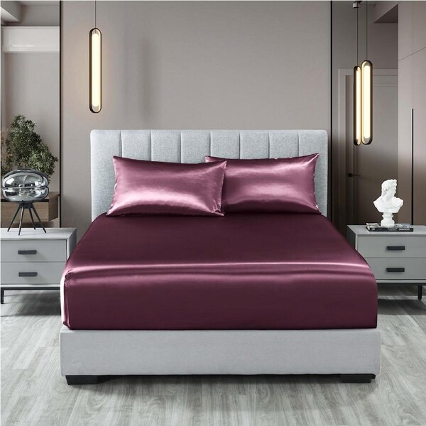 Royal Comfort Satin Sheet Set 3 Piece Fitted Sheet Pillowcase Soft Silky Smooth Malaga Wine / King