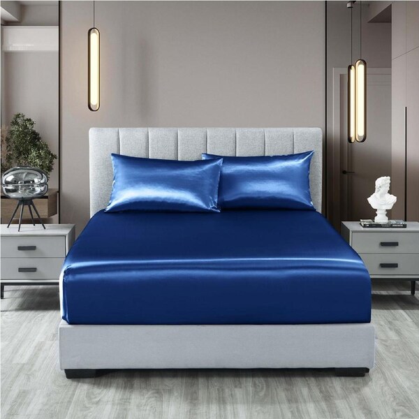 Royal Comfort Satin Sheet Set 3 Piece Fitted Sheet Pillowcase Soft Silky Smooth Navy Blue / King