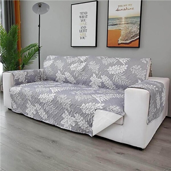 Sofa Cover Quilted Couch Covers Lounge Pet Protector Slipcovers Grey Leaves 2 Seaters