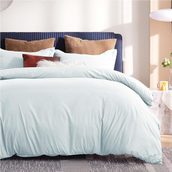LINENOVA 3 Pcs Quilt Cover Set 100% Cotton Single Double Queen King Super King Bedding Size - Light blue Queen