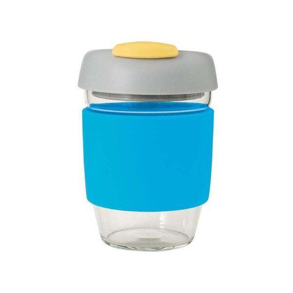 Avanti GoCup Reusable 355ml Glass Coffee Cup w/ Silicone Grip Blue/Grey/Yellow