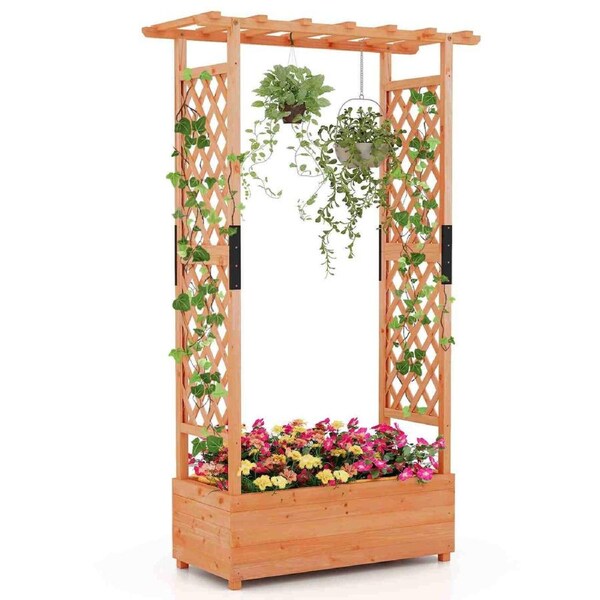 Costway Raised Garden Bed Wooden Planter Box Container w/ Arch Trellis/Hanging Roof/Drainage Holes Vine Climbing Plant Flower Pot