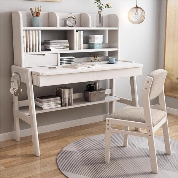 Ave Solid Wood Study Desk with Shelf and Drawers/Bookcase/Rubberwood/White