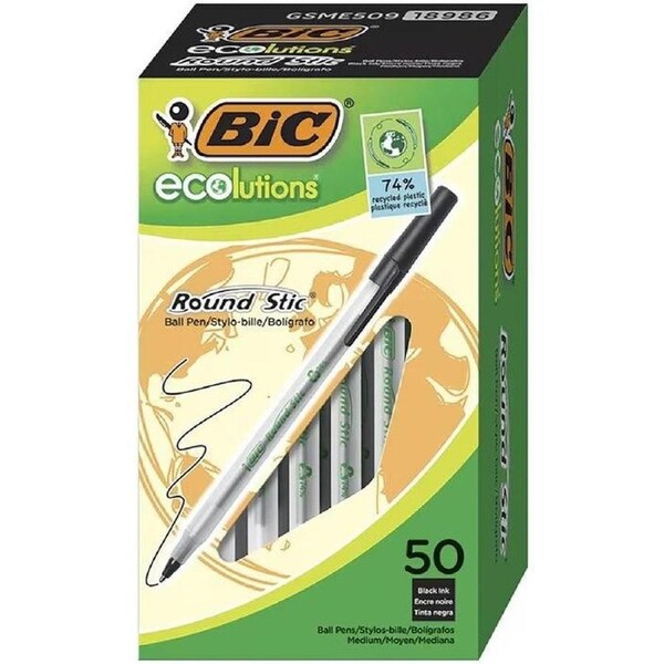 BIC Round Stic ECOlutions Ballpoint Pens 50 Pack Black