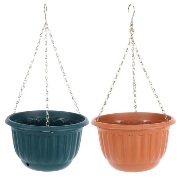 Planter Pot Round Hanging Chain 25cm x 25cm x 15cm Green & Terracotta