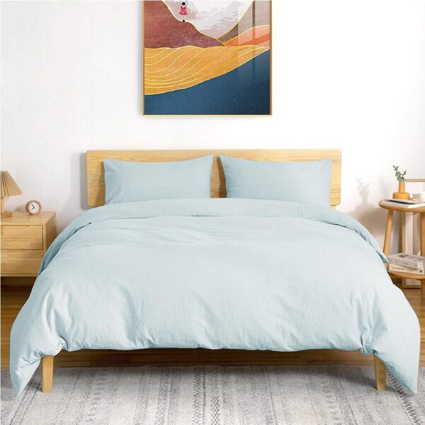 LINENOVA 3 Pcs Quilt Cover Set 100% Cotton Single Double Queen King Super King Bedding Size - Light blue Single