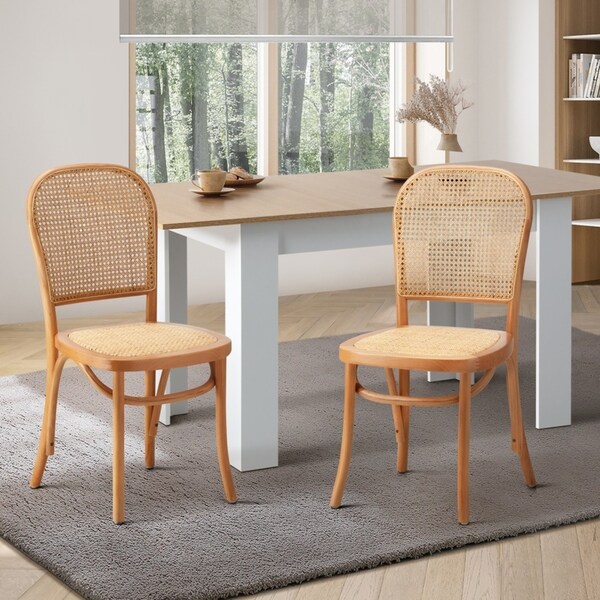 Oikiture 2PCS Dining Chairs Wooden Chairs Rattan Accent Chair Natural