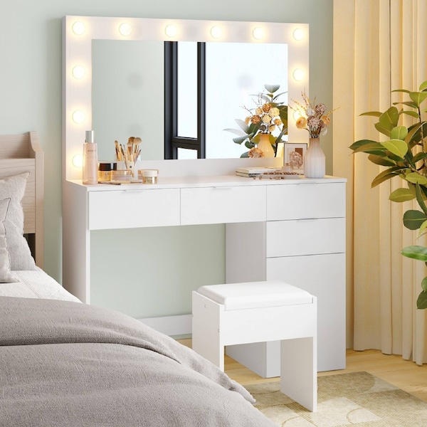 Advwin Dressing Table Stool Set 12 LED Bulbs Large Make up Mirror Storage Drawers and Cabinet White