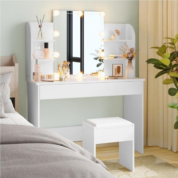 Advwin Dressing Table Stool Set 10 LED Bulbs Makeup Mirror Vanity Desk White