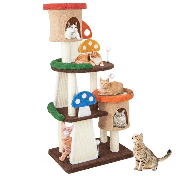 Costway 146cm Cat Tree Sisal Scratching Post Cat Activity Center w/Scratching Board/Condos/Platforms