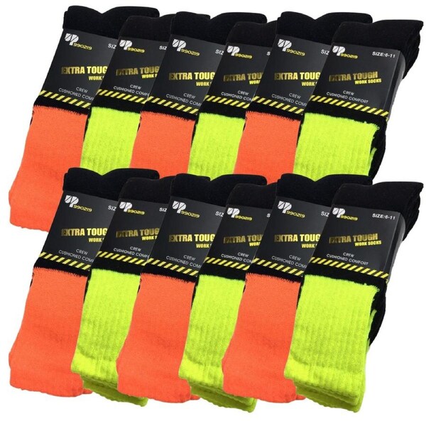 12x Pairs HI VIS SOCKS Workwear Work Safety High Visibility Fluro Cushioned BULK Mixed Pack / 6-11