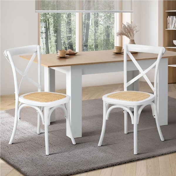 Oikiture 2PCS Crossback Dining Chair Solid Birch Timber Wood Ratan Seat White
