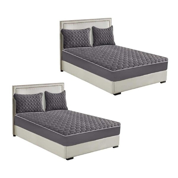 SOGA 2X Grey 183cm Wide Mattress Cover Thick Quilted Fleece Stretchable Clover Design Bed Spread Sheet Protector with Pillow Covers