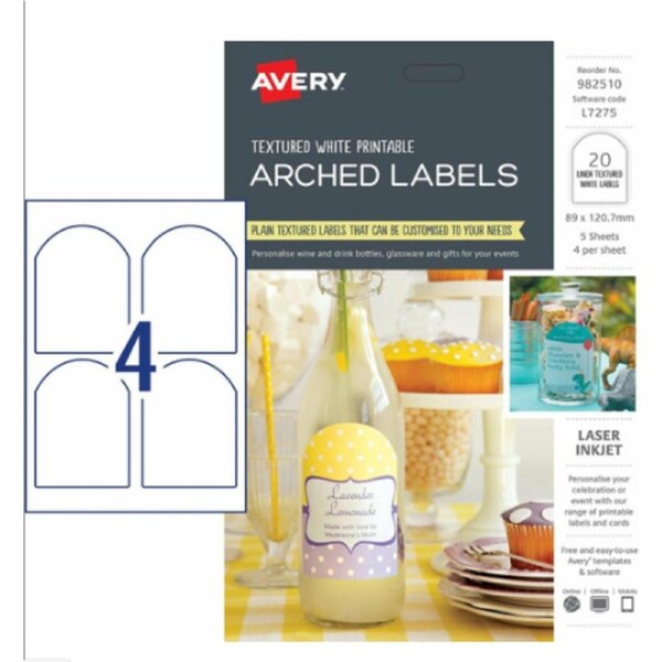 AVERY 982510 TEXTURED ARCHED LABELS, L7275, 20/PACK, 89 X 120.7MM - 4UP