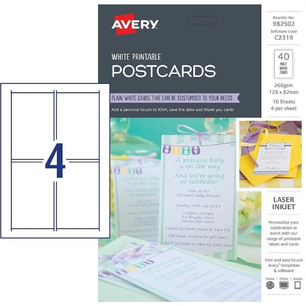 AVERY 982502 C2319 POSTCARDS WHITE PRINTABLE PACK 40 POST CARDS