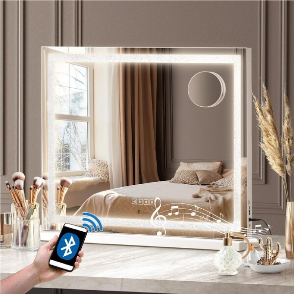 Oikiture LED Crystal Makeup Mirror 58x49cm Bluetooth Hollywood Vanity Mirrors Standing Wall Mounted