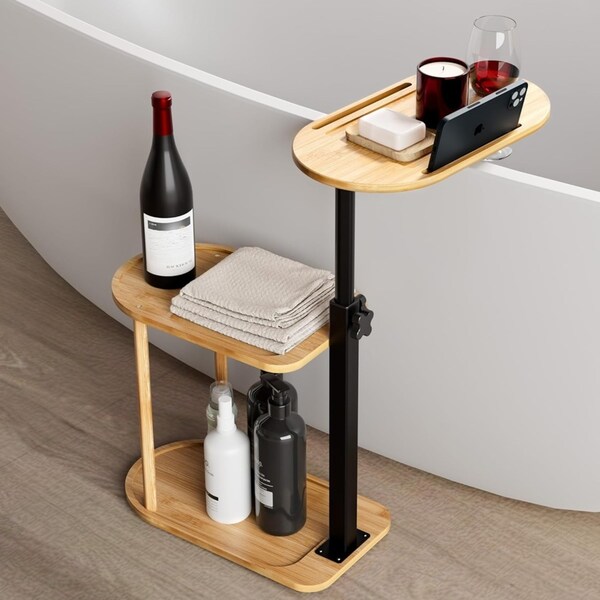 ACA 3 Layer Bathroom Bathtub caddy Tray Freestanding Height Adjustable Table C-shaped Storage Rack