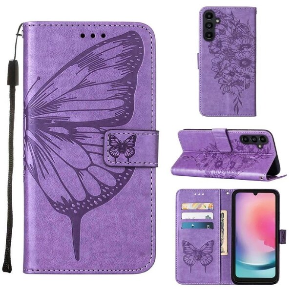 For Samsung Galaxy A15 5G & A15 4G Case - Flip Wallet PU Leather Cover, Emboss Butterfly, Purple